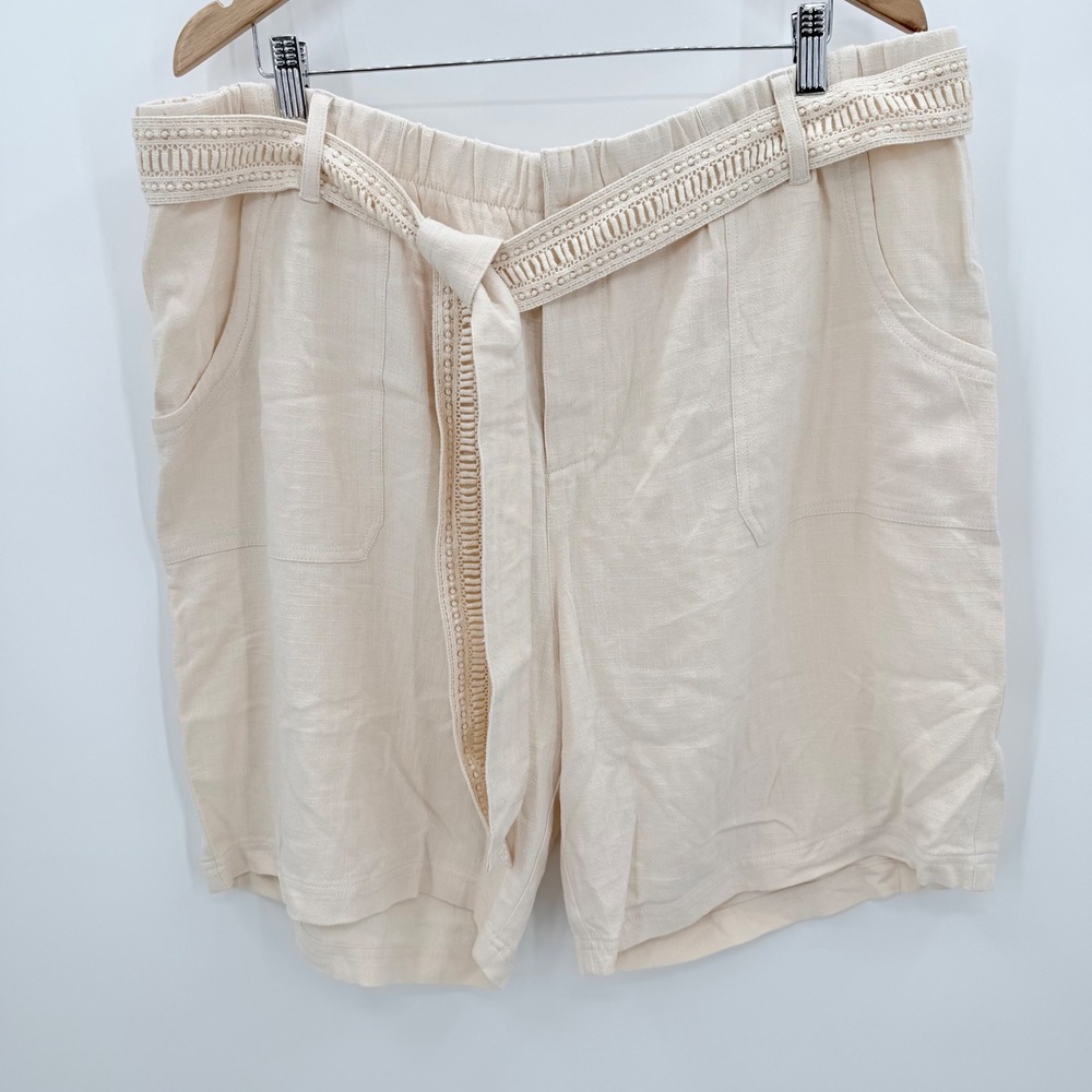 Soft Surroundings Cream Linen‎ Blend Crochet Belted Shorts Womens 1X 5EK18 Beige